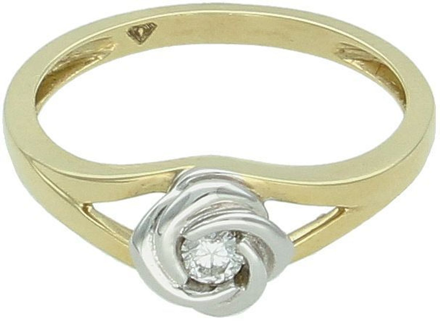 Romantyczny pierścionek z diamentem 0,08 ct w kształcie róży. Żółte i białe złoto 585. Rozmiar 12. Certyfikat autentyczności. Doskonały prezent pełen symboliki.1.jpg